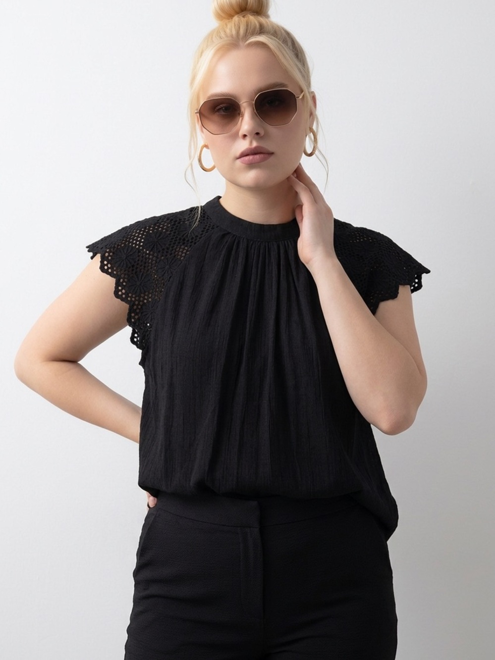 Nanette Lepore Black Eyelet Cap-Sleeve Camisole
